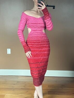 STAUD Pink and Red Ombre Knit Midi Dress with Cutouts